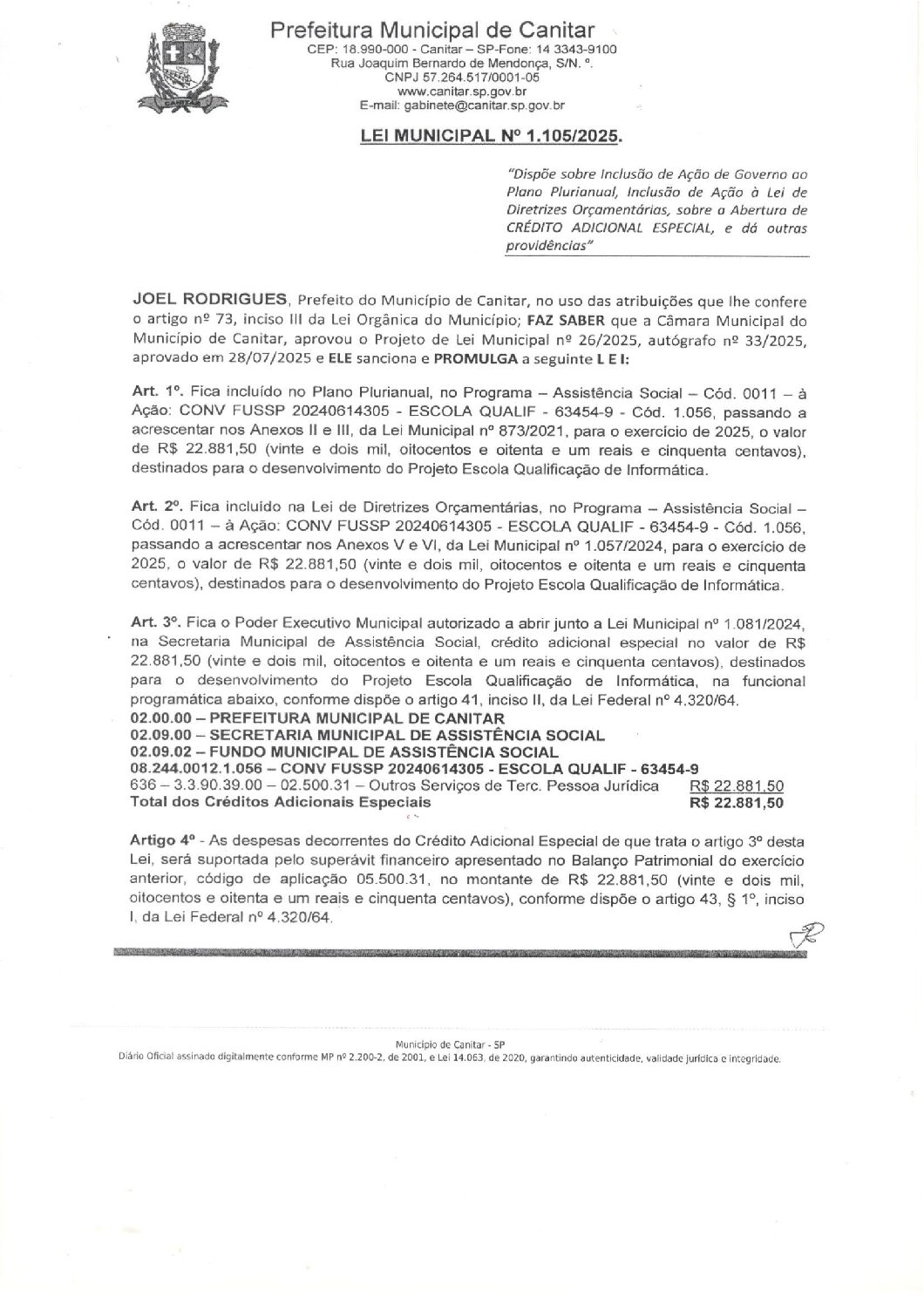 Leia mais sobre o artigo Lei Municipal nº 1105 2025   Dispõe sobre abertura de crédito, Projeto Escola Qualificação de Informática.