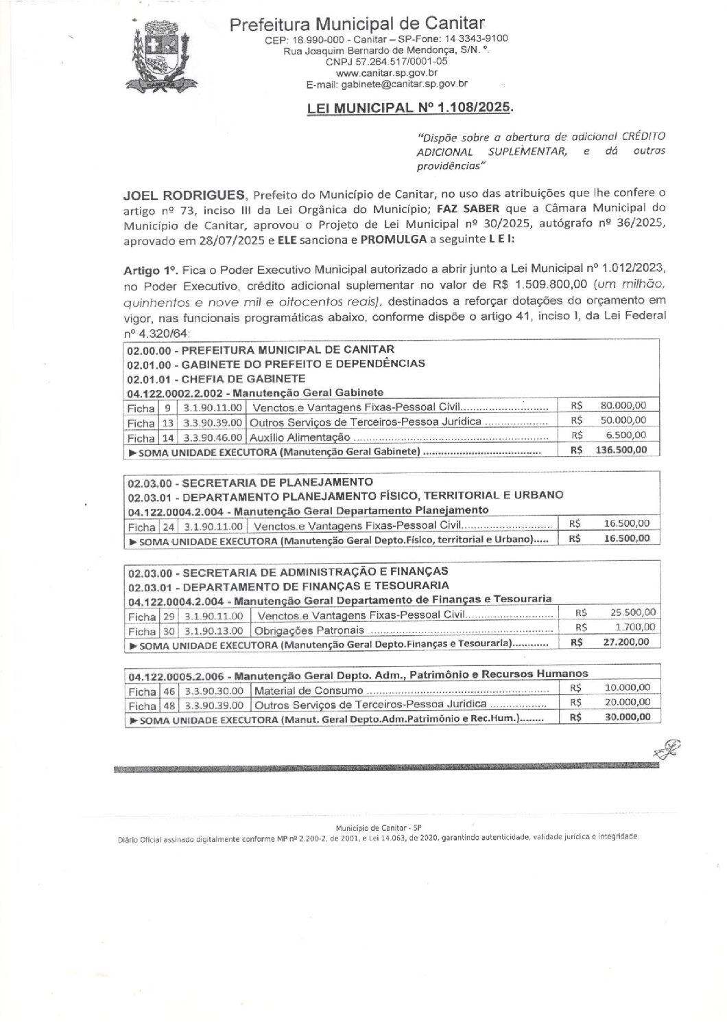 Leia mais sobre o artigo Lei Municipal nº 1108 2025   Dispõe sobre abertura de crédito, Prefeitura Municipal de Canitar.