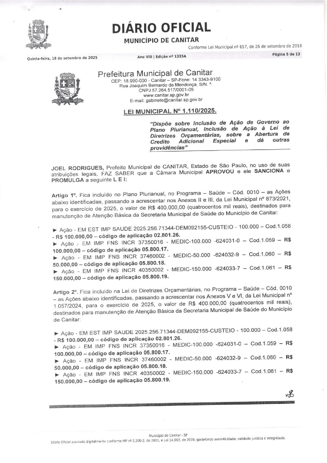 Leia mais sobre o artigo Lei Municipal nº 1110 2025   Dispõe sobre abertura de crédito, Secretaria Municipal de Saúde.