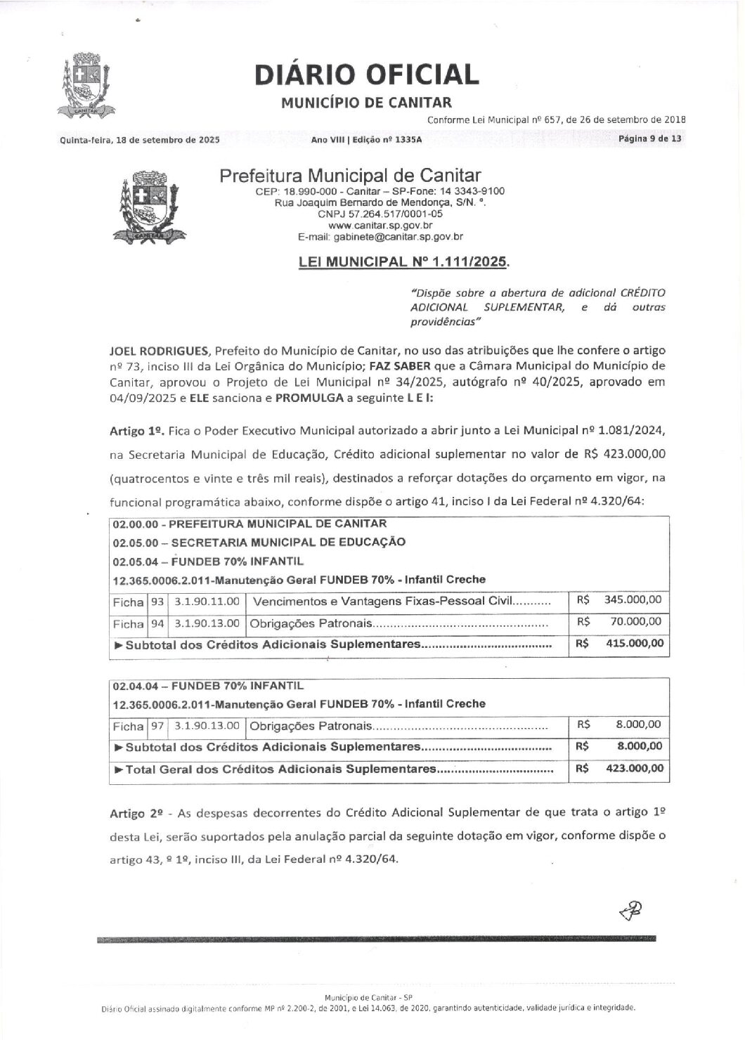Leia mais sobre o artigo Lei Municipal nº 1111 2025   Dispõe sobre abertura de crédito suplementar, FUNDEB.