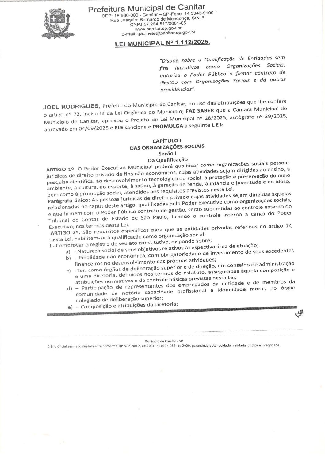 Leia mais sobre o artigo Lei Municipal nº 1112 2025   Dispõe sobre a qualificação de Entidades sem Fins Lucrativos como Organizações Sociais.