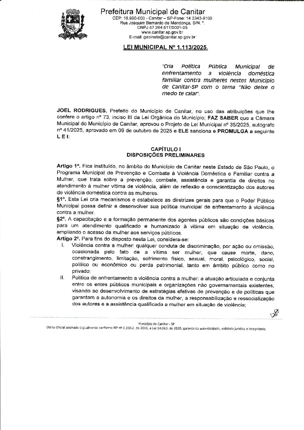 Leia mais sobre o artigo Lei Municipal nº 1113 2025   Cria Política Municipal de Enfrentamento a Violência Doméstica Familiar Contra Mulheres.
