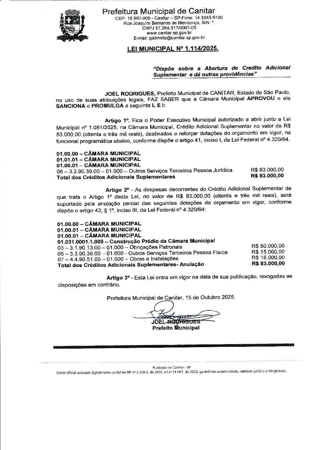 Leia mais sobre o artigo Lei Municipal nº 1114 2025   Dispõe sobre Abertura de Crédito, Câmara Municipal.