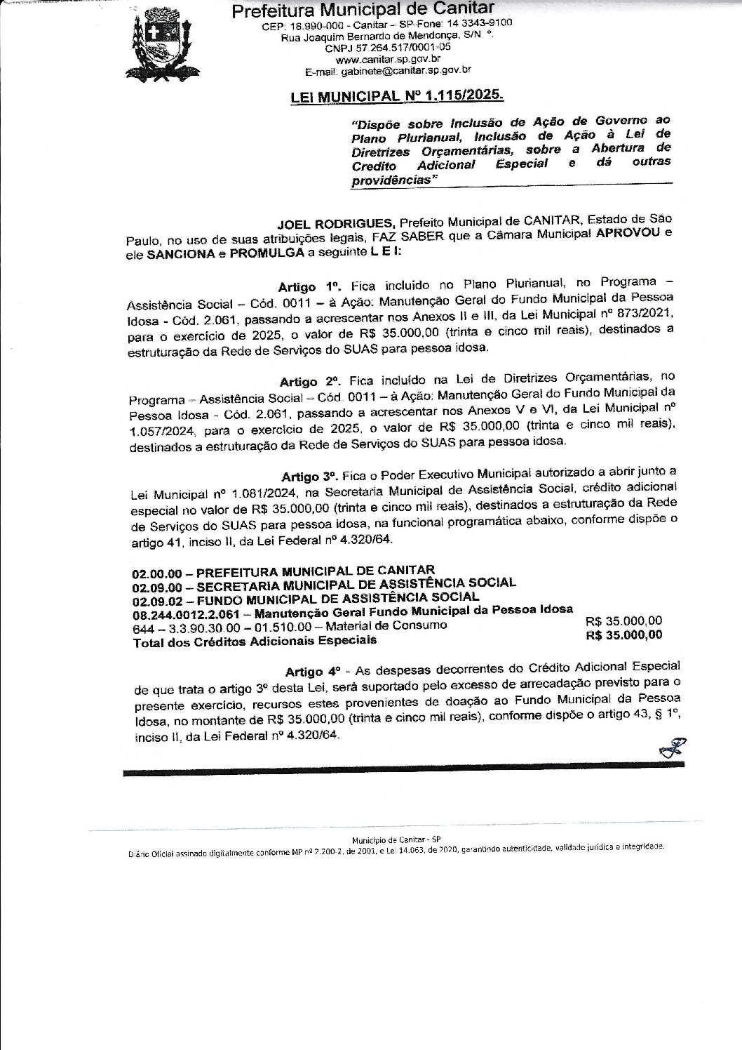 Leia mais sobre o artigo Lei Municipal nº 1115 2025   Dispõe sobre abertura de crédito, destinado a Rede de Serviços do SUAS.