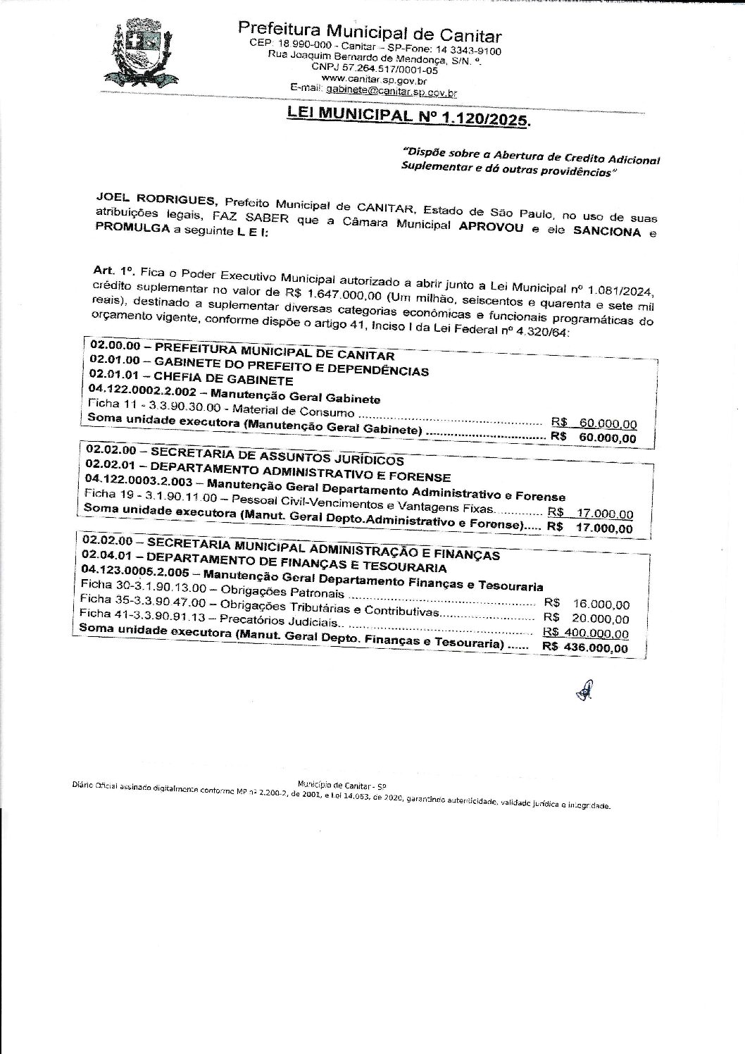 Leia mais sobre o artigo Lei Municipal nº 1120 2025   Dispõe sobre Abertura de Crédito Adicional Suplementar e dá outras providências.