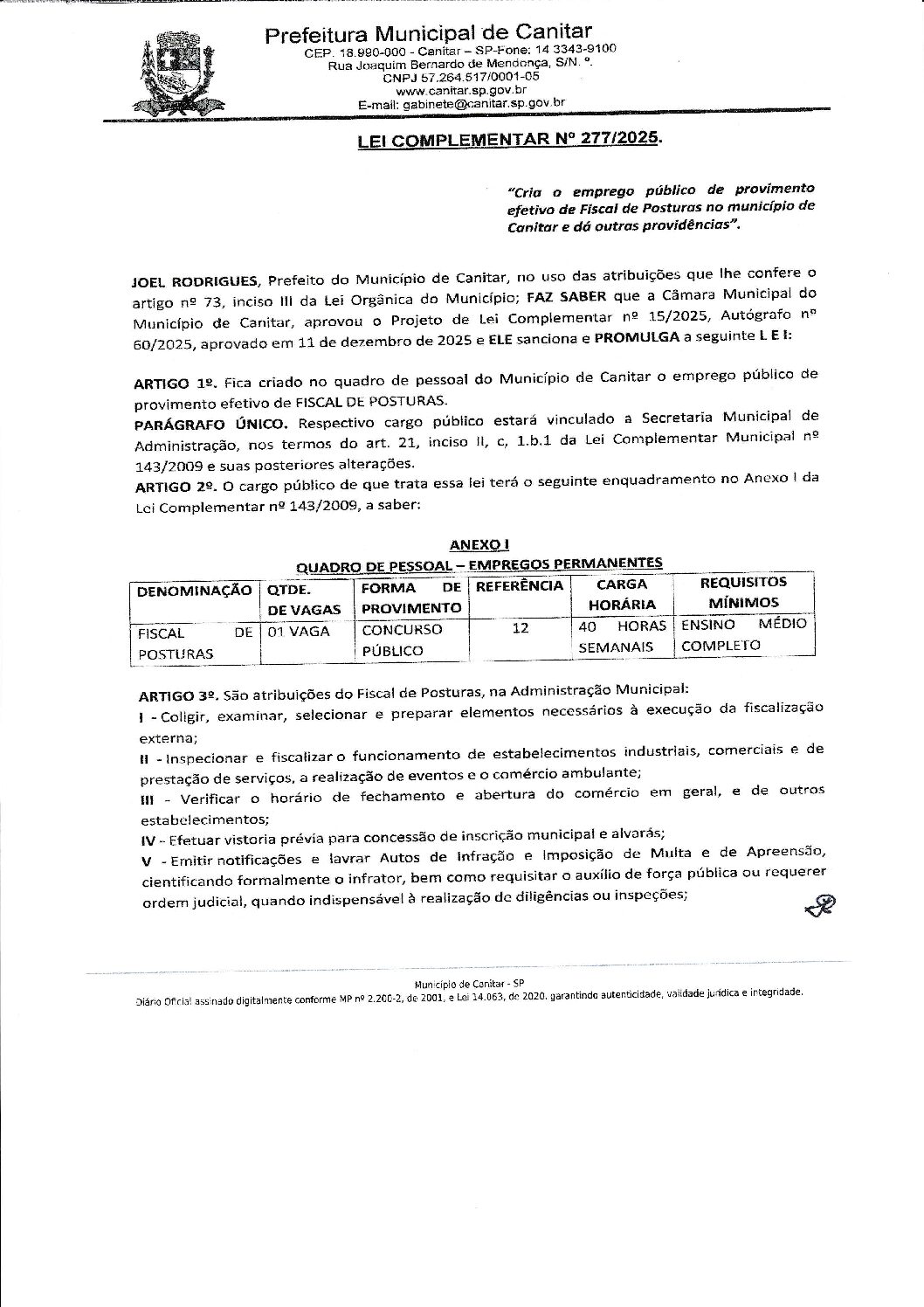Leia mais sobre o artigo Lei Complementar nº 277 2025   Cria emprego público de Fiscal de Posturas.