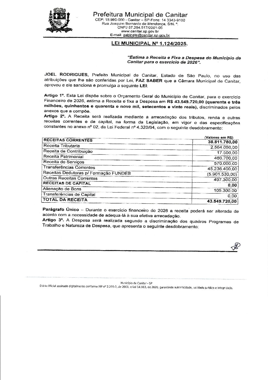 Leia mais sobre o artigo Lei Municipal nº 1124 2025   Estima a Receita e Fixa a Despesa para o exercício de 2026.