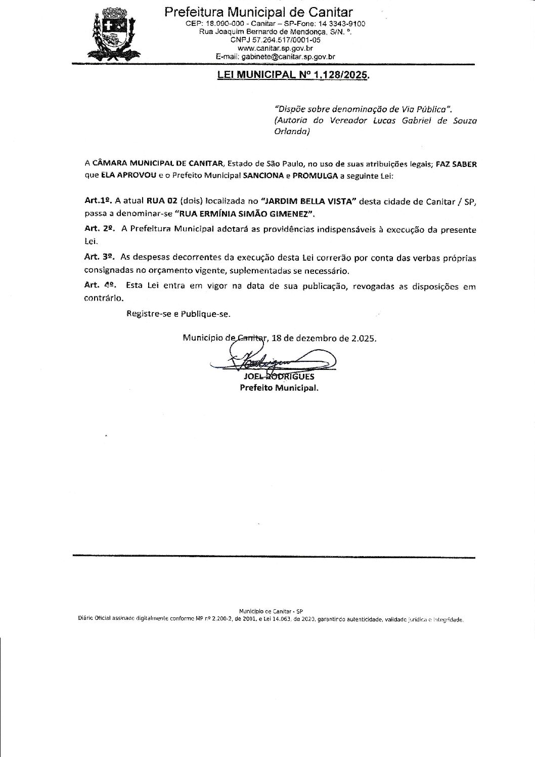 Leia mais sobre o artigo Lei Municipal nº 1128 2025   Dispõe sobre denominação de via pública (Autoria do Vereador Lucas Gabriel de Souza Orlanda).
