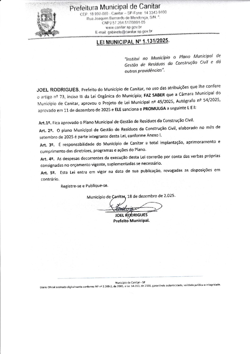 Leia mais sobre o artigo Lei Municipal nº 1131 2025   Institui Plano Municipal de Gestão de Resíduos da Construção Civil. Anexos do diário oficial da Prefeitura em 18 de dezembro.