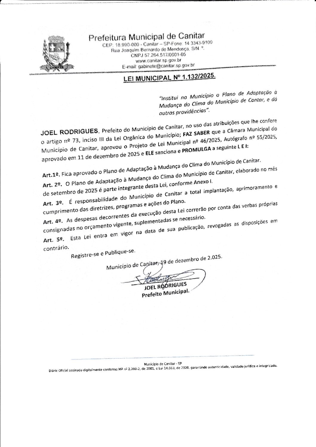 Leia mais sobre o artigo Lei Municipal nº 1132 2025   Institui o Plano de Adaptação à Mudança do Clima do Município de Canitar. Anexos no Diário Oficial da Prefeitura  de 18 de dezembro.