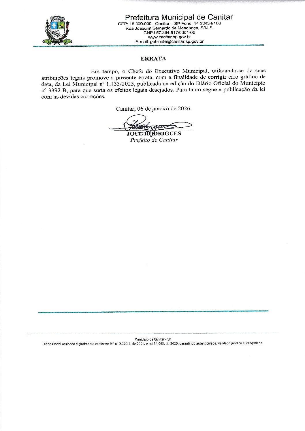 Leia mais sobre o artigo Lei Municipal nº 1133 2025   Autoriza o Município de Canitar a contratar a Agência de Fomento do Estado de São  Paulo   Desenvolve SP.