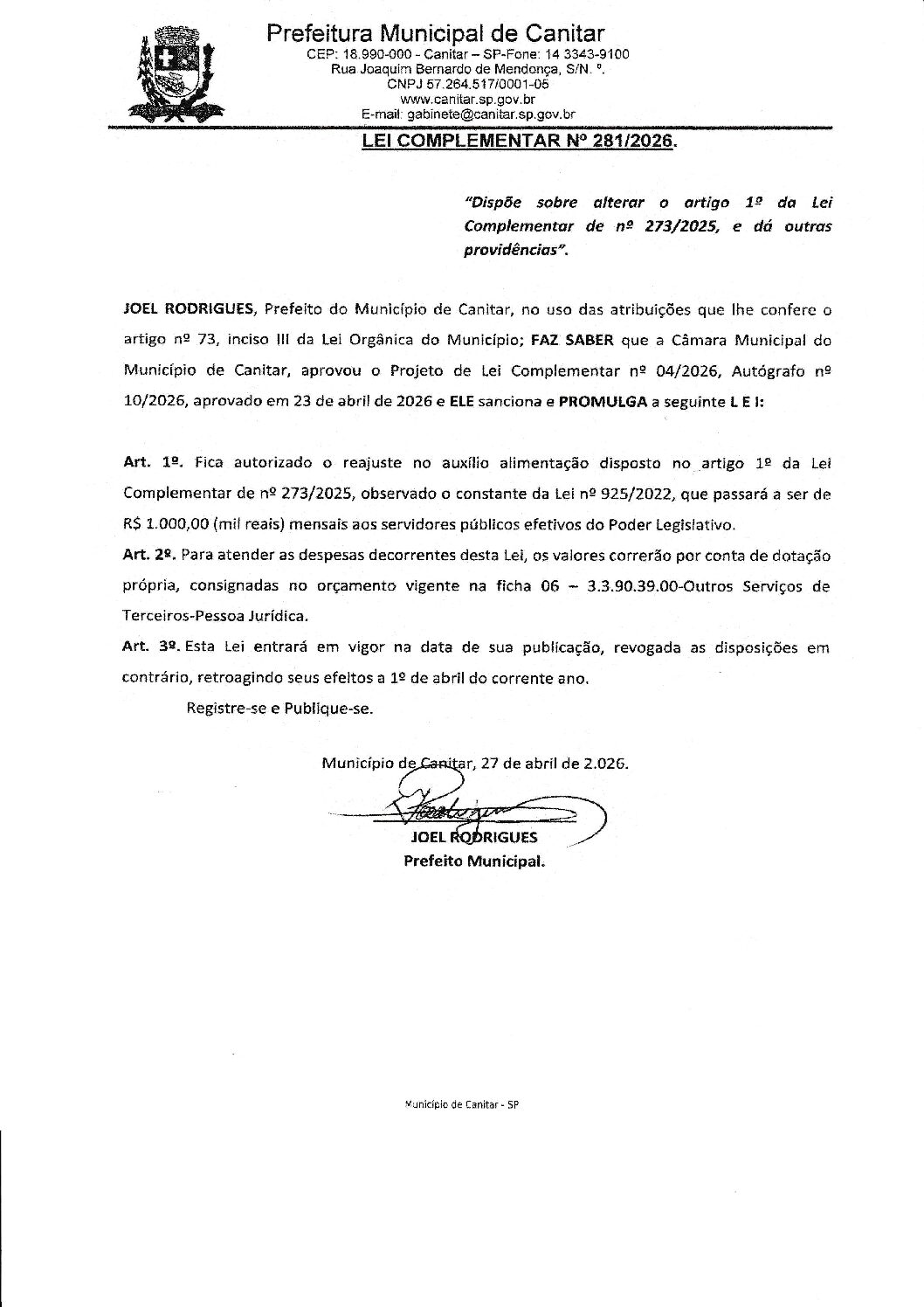 Leia mais sobre o artigo Lei Complementar nº 281 2026   Dispõe sobre alterar o artigo 1º da Lei Complementar de nº 273 2025