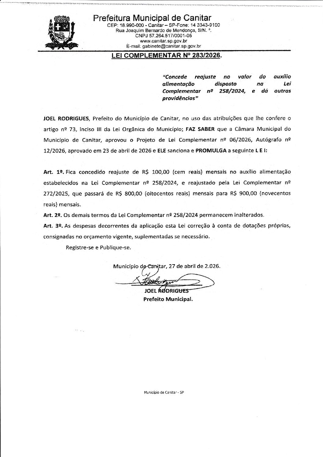 Leia mais sobre o artigo Lei Complementar nº 283 2026   Concede reajuste do auxilio alimentação disposto na Lei Complementar nº 258 2024
