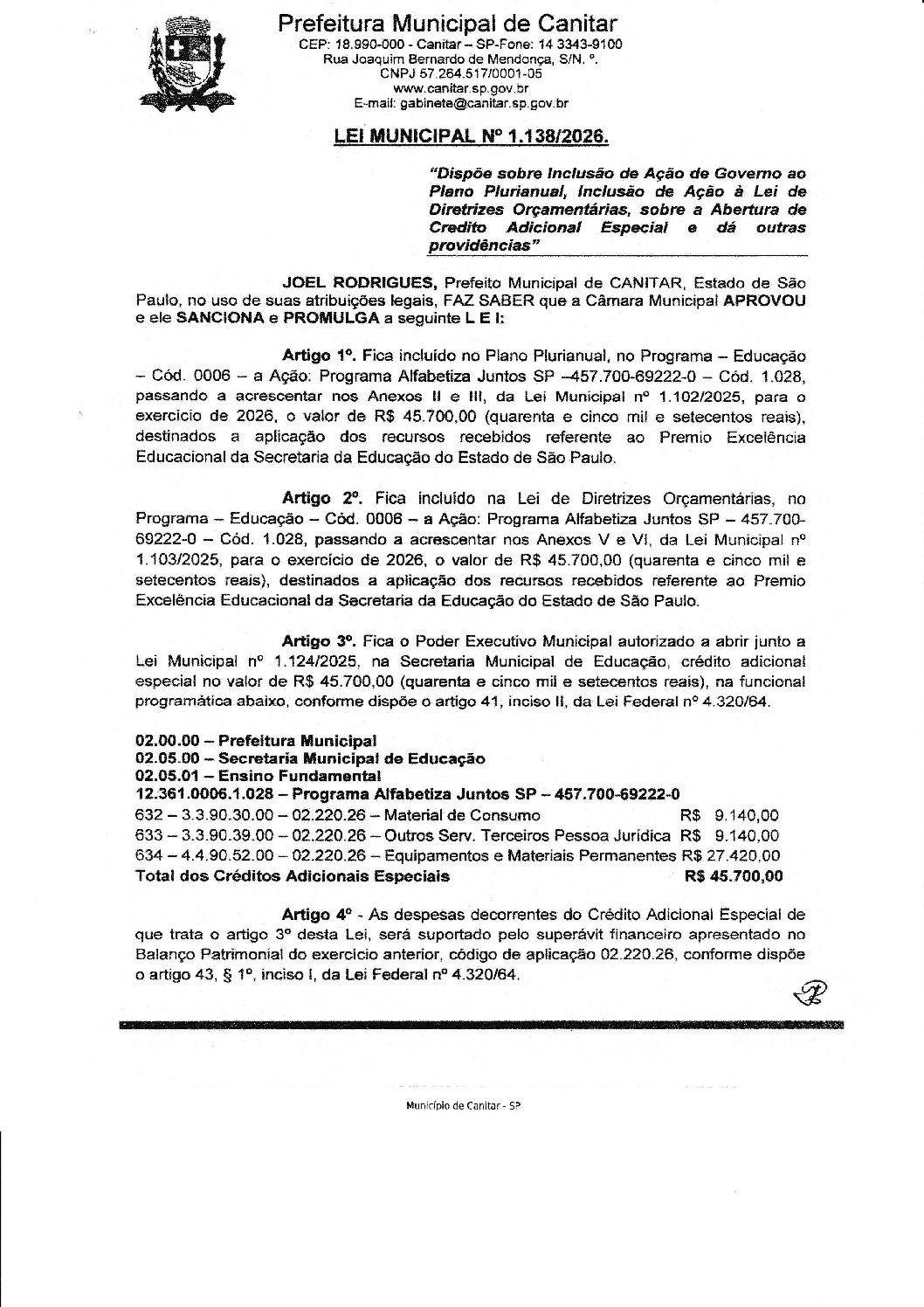 Leia mais sobre o artigo Lei Municipal nº 1138 2026   Dispõe  sobre abertura de crédito, Secretaria Municipal de Educação