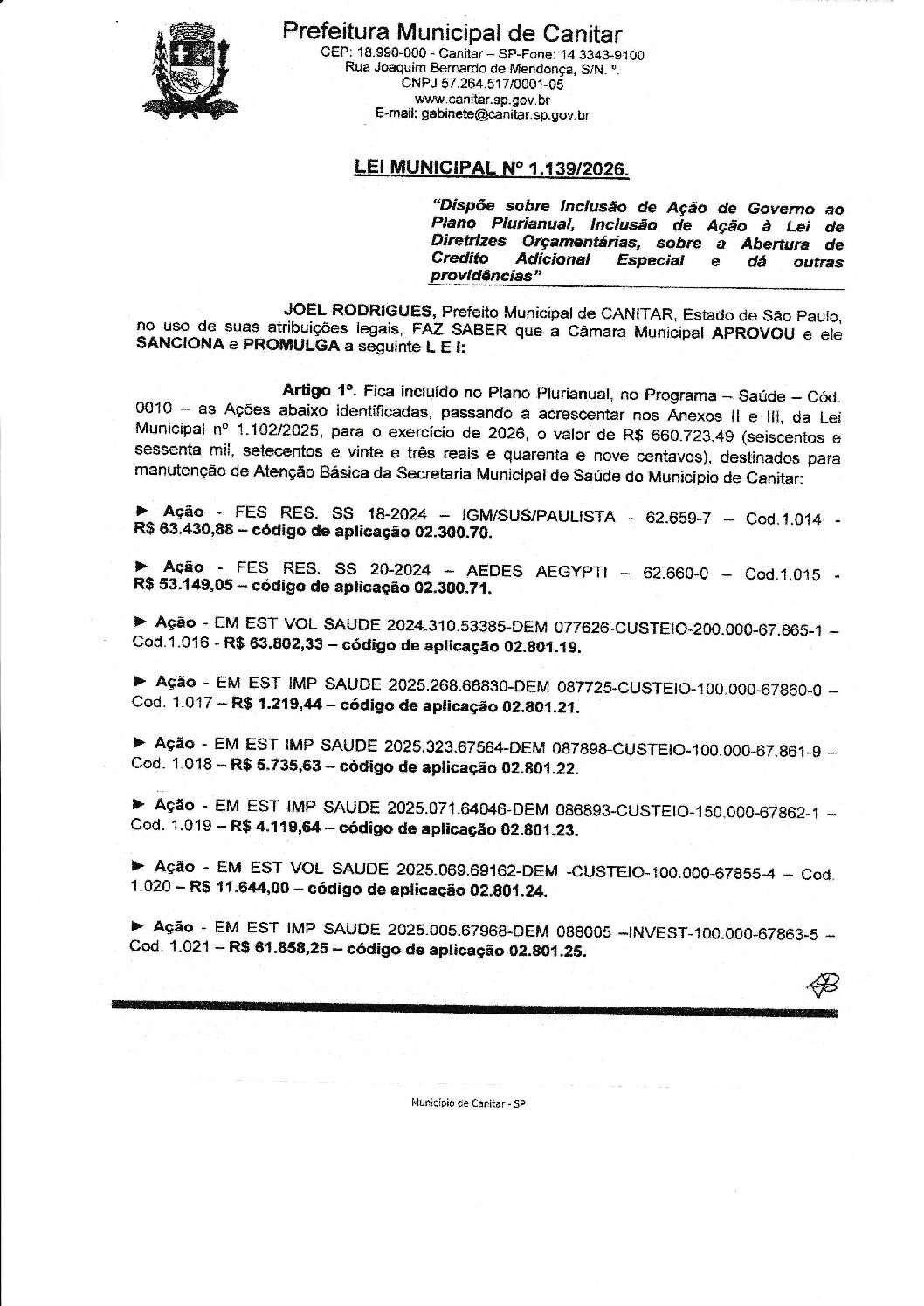Leia mais sobre o artigo Lei Municipal nº 1139 2026   Dispõe sobre abertura de crédito, Secretaria Municipal de Saúde