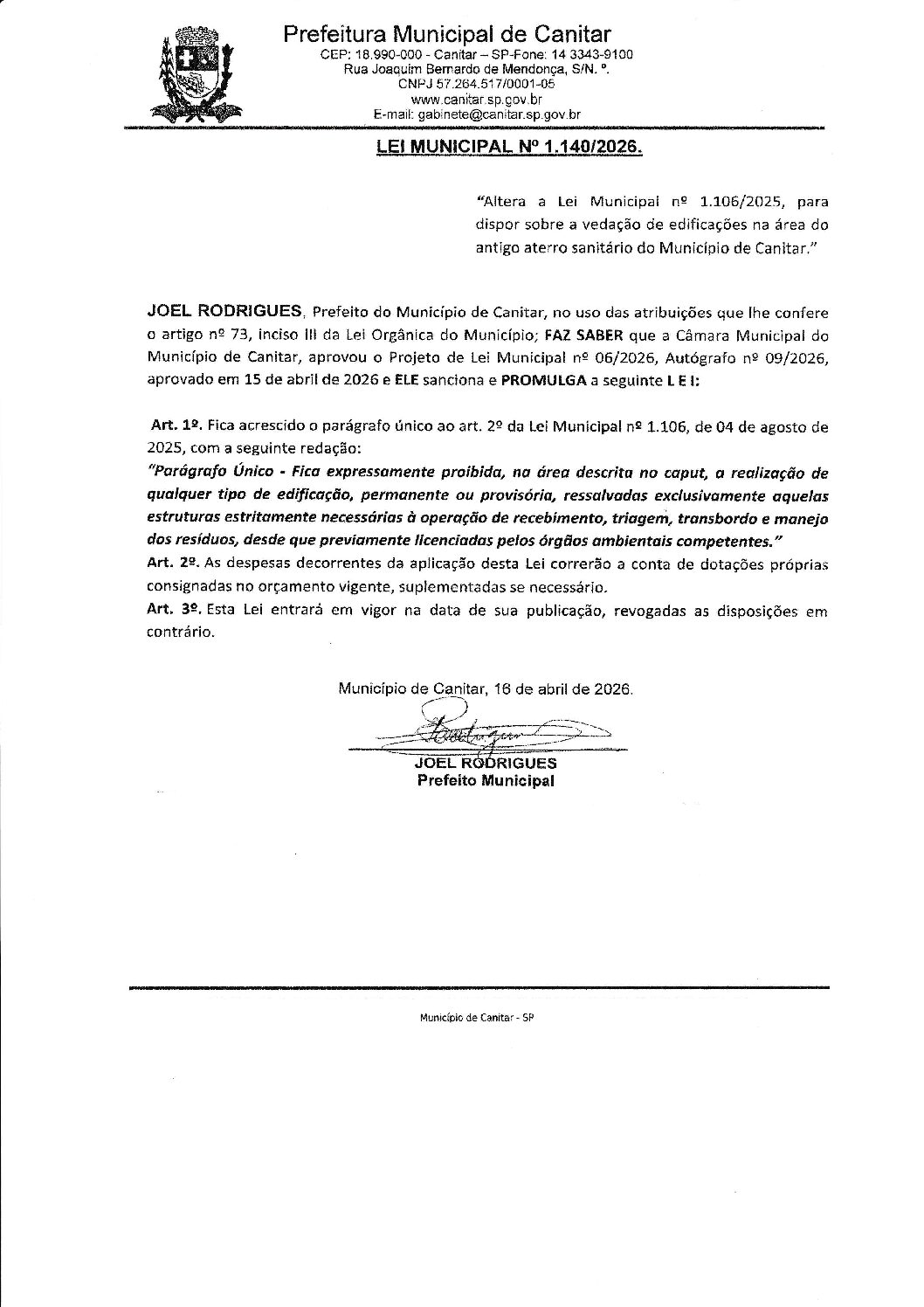 Leia mais sobre o artigo Lei Municipal nº 1140 2026   Altera a Lei Municipal nº 1106 2025, para vedação do antigo aterro sanitário
