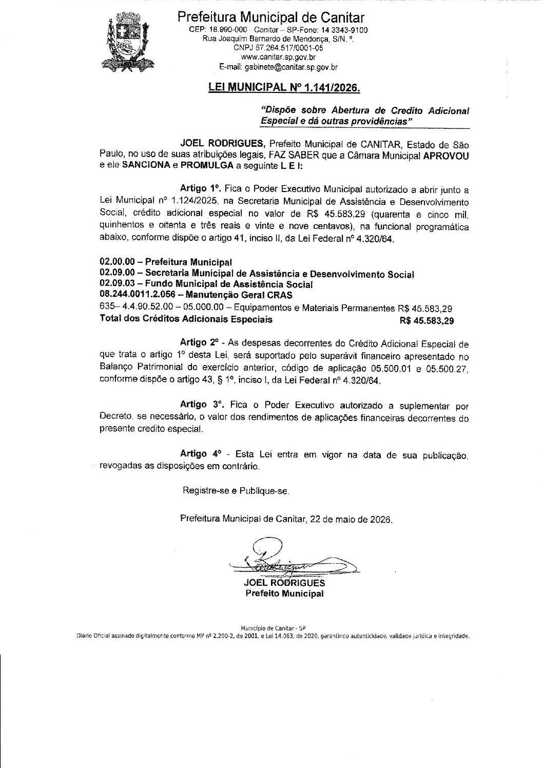 Leia mais sobre o artigo Lei Municipal nº 1141 2026   Dispõe sobre abertura de crédito, Manutenção Geral do CRAS.