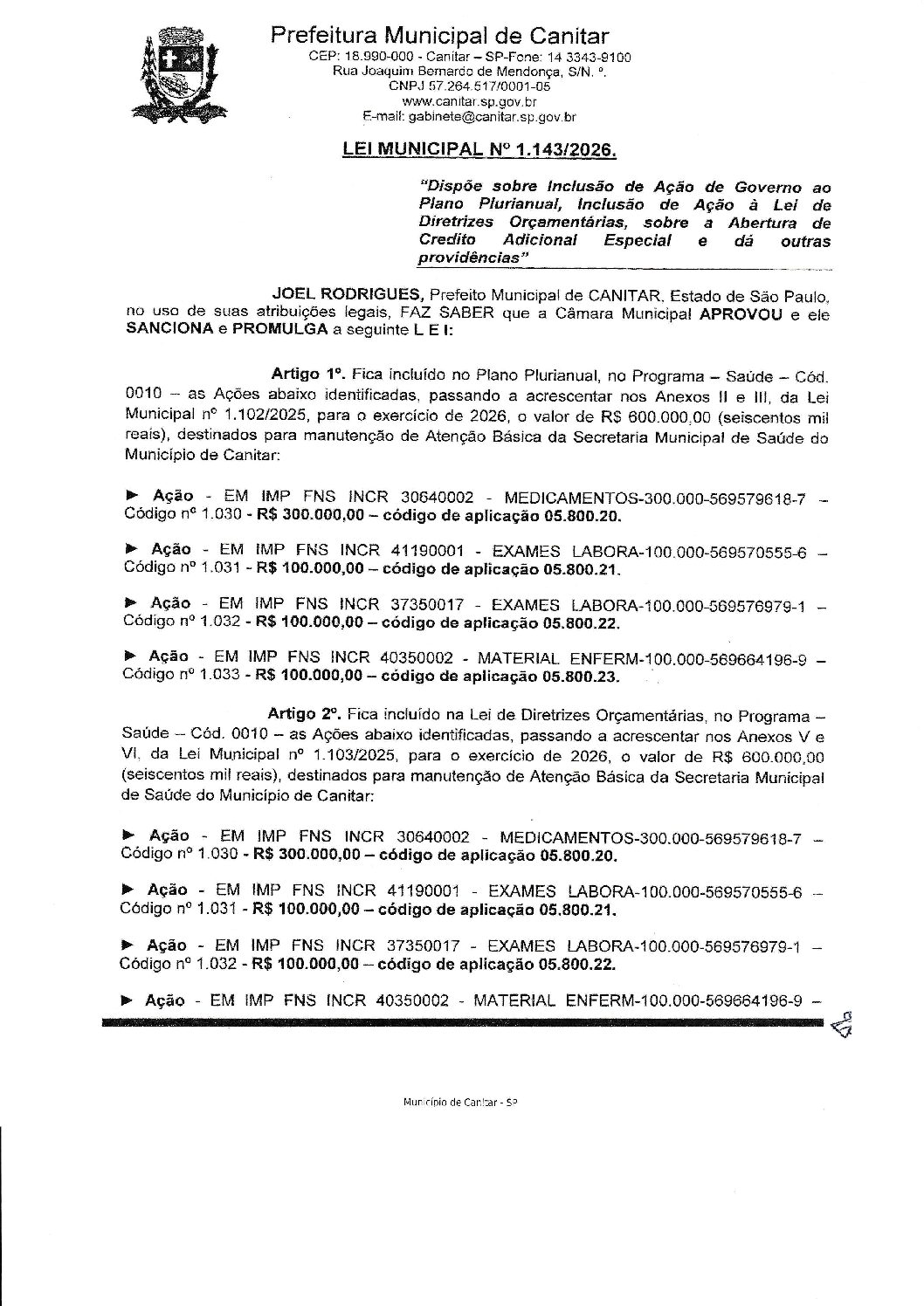 Leia mais sobre o artigo Lei Municipal nº 1143 2026   Dispõe sobre abertura de crédito, Secretaria Municipal de Saúde