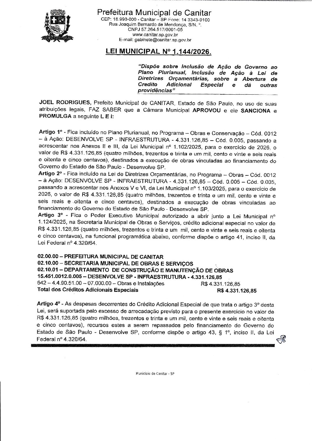 Leia mais sobre o artigo Lei Municipal nº 1144 2026   Dispõe sobre abertura de crédito, Financiamento Desenvolve SP