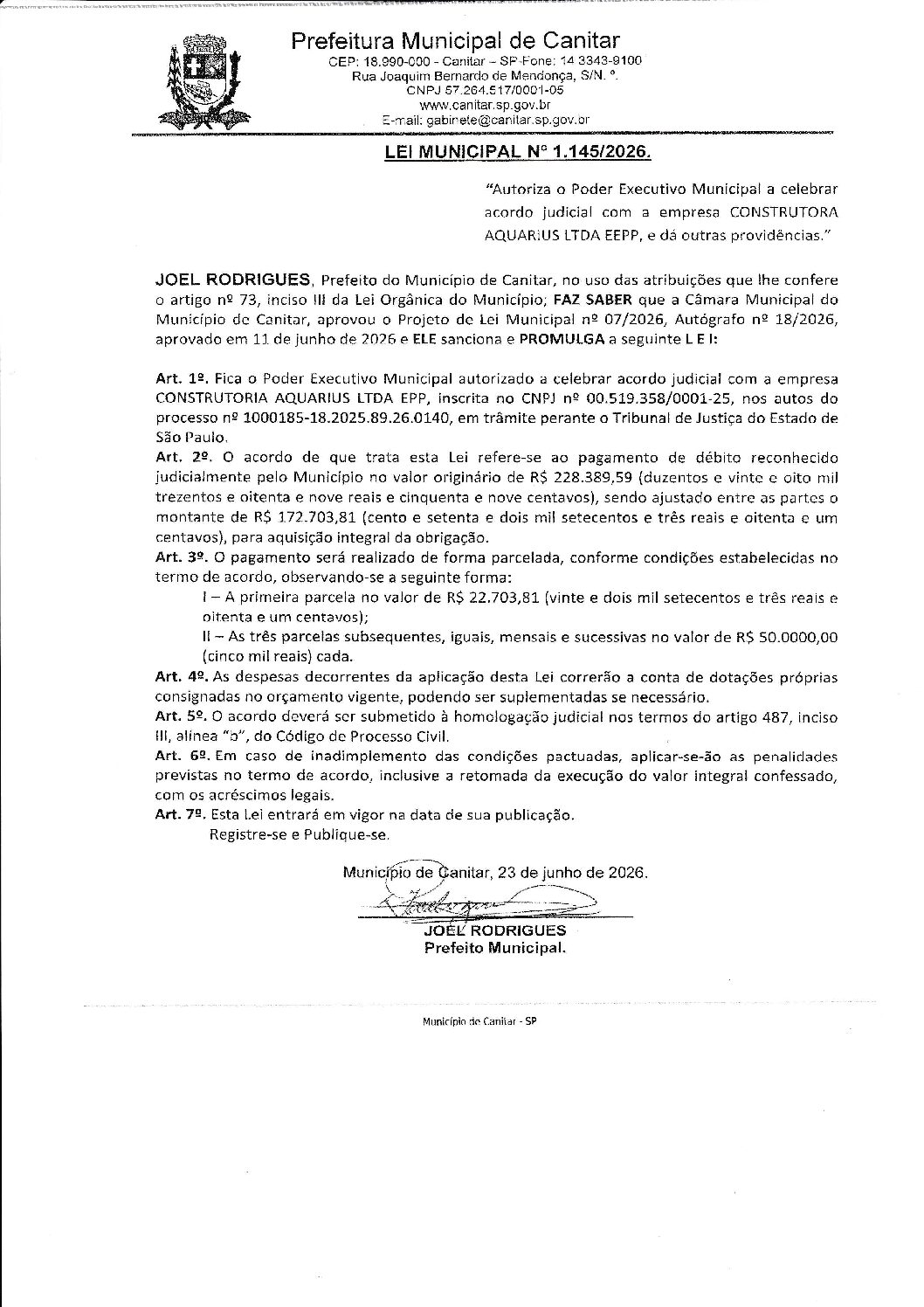 Leia mais sobre o artigo Lei Municipal nº 1145 2026   Autoriza o Poder Executivo celebrar acordo com a empresa Construtora Aquarius LTDA EPP.