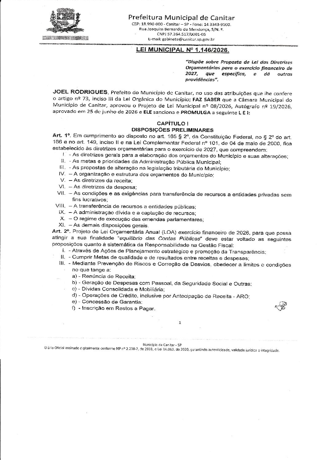 Leia mais sobre o artigo Lei Municipal nº 1146 2026   Dispõe sobre Proposta de Lei de Diretrizes Orçamentárias para o exercício financeiro de 2027, que especifica, e dá outras providências.
