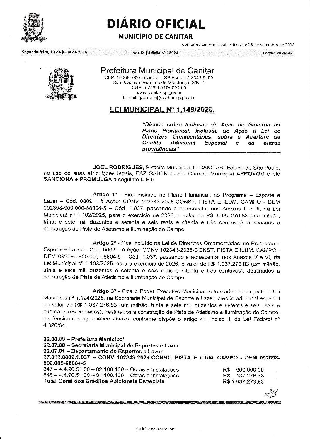Leia mais sobre o artigo Lei Municipal nº 1149 2026   Dispõe sobre abertura de crédito, destinados a construção de Pista de Atletismo e Iluminação do Campo.