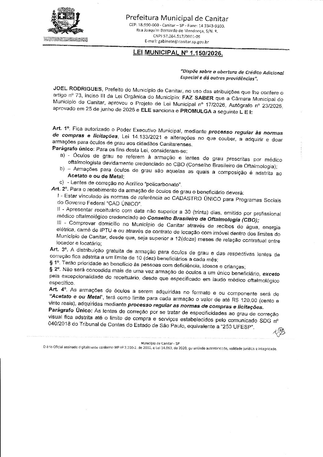Leia mais sobre o artigo Lei Municipal nº 1150 2026   Dispõe sobre a abertura de Crédito Adicional Especial e dá outras providências.