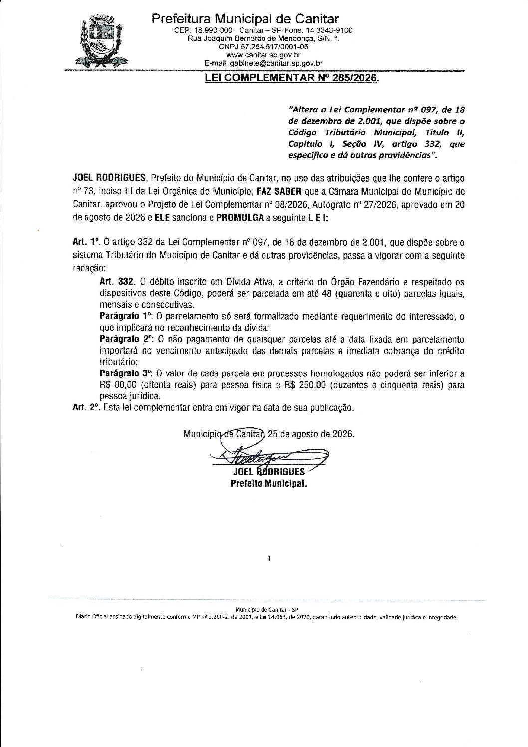 Leia mais sobre o artigo Lei Complementar nº 285 2026   Altera o Código Tributário.