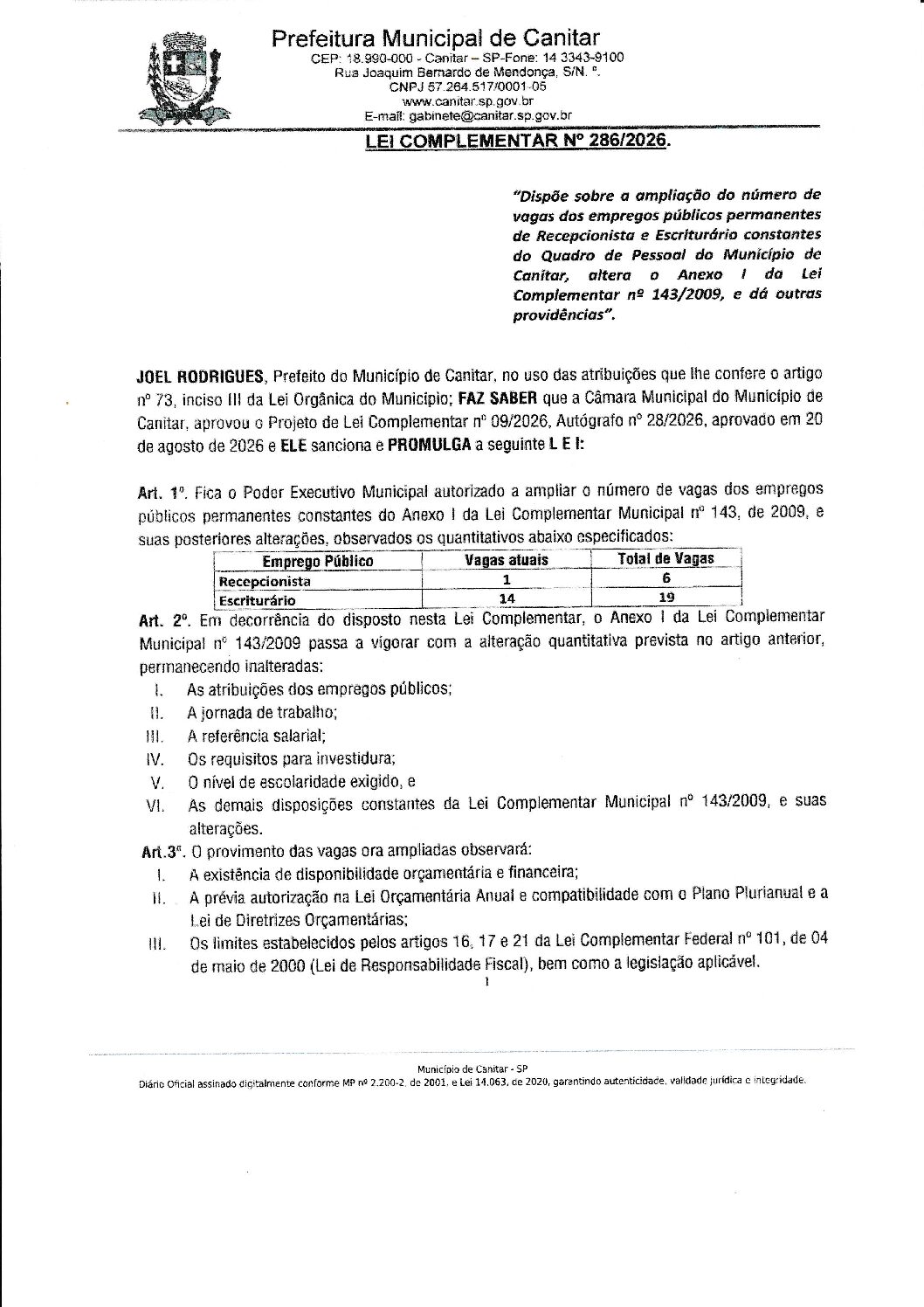 Leia mais sobre o artigo Lei Complementar nº 286 2026   Dispõe sobre ampliação de vagas de empregos públicos permanentes.