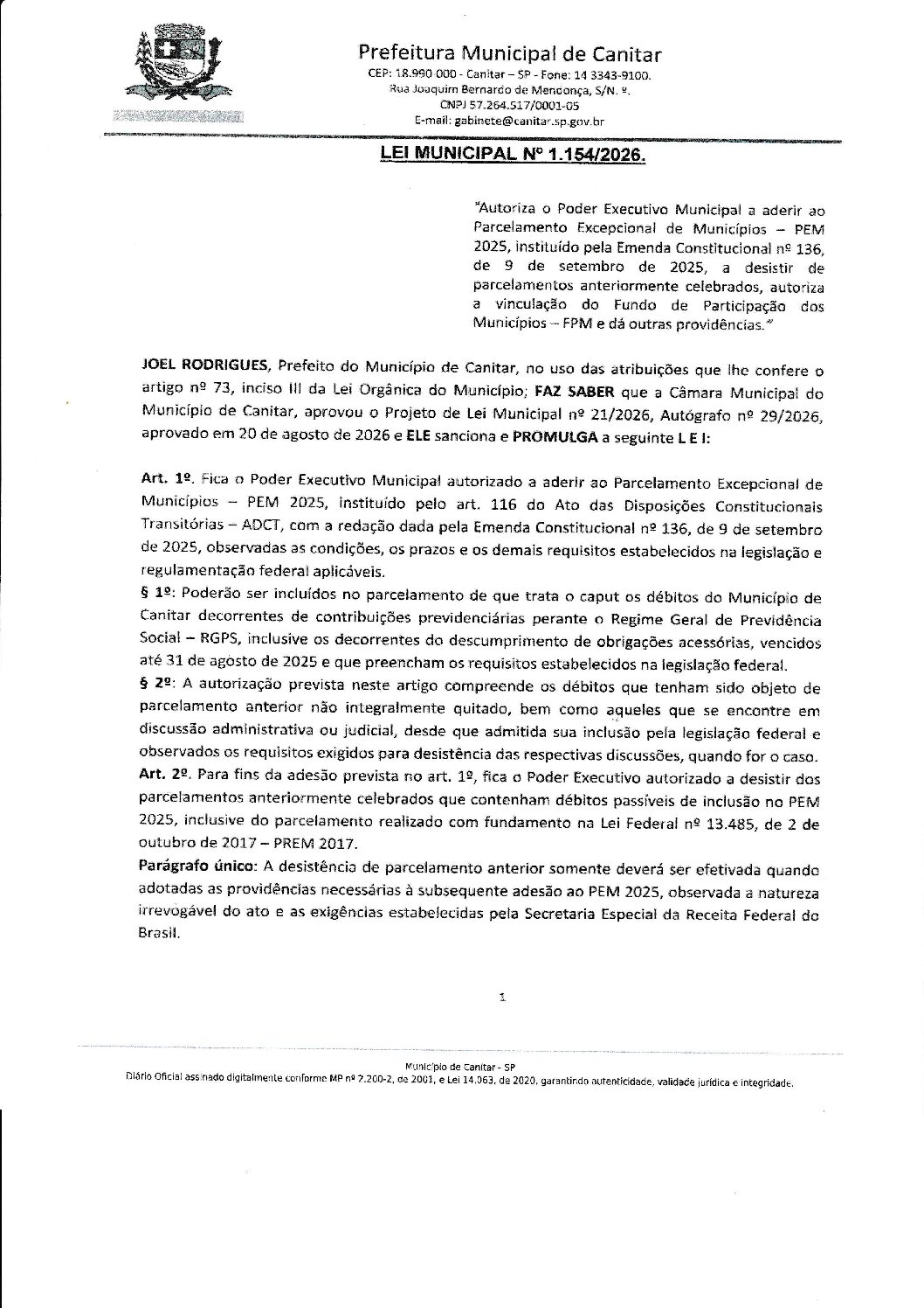 Leia mais sobre o artigo Lei Municipal nº 1154 2026   Autoriza o Poder Executivo Municipal a aderir ao Parcelamento de Municípios   PEM.