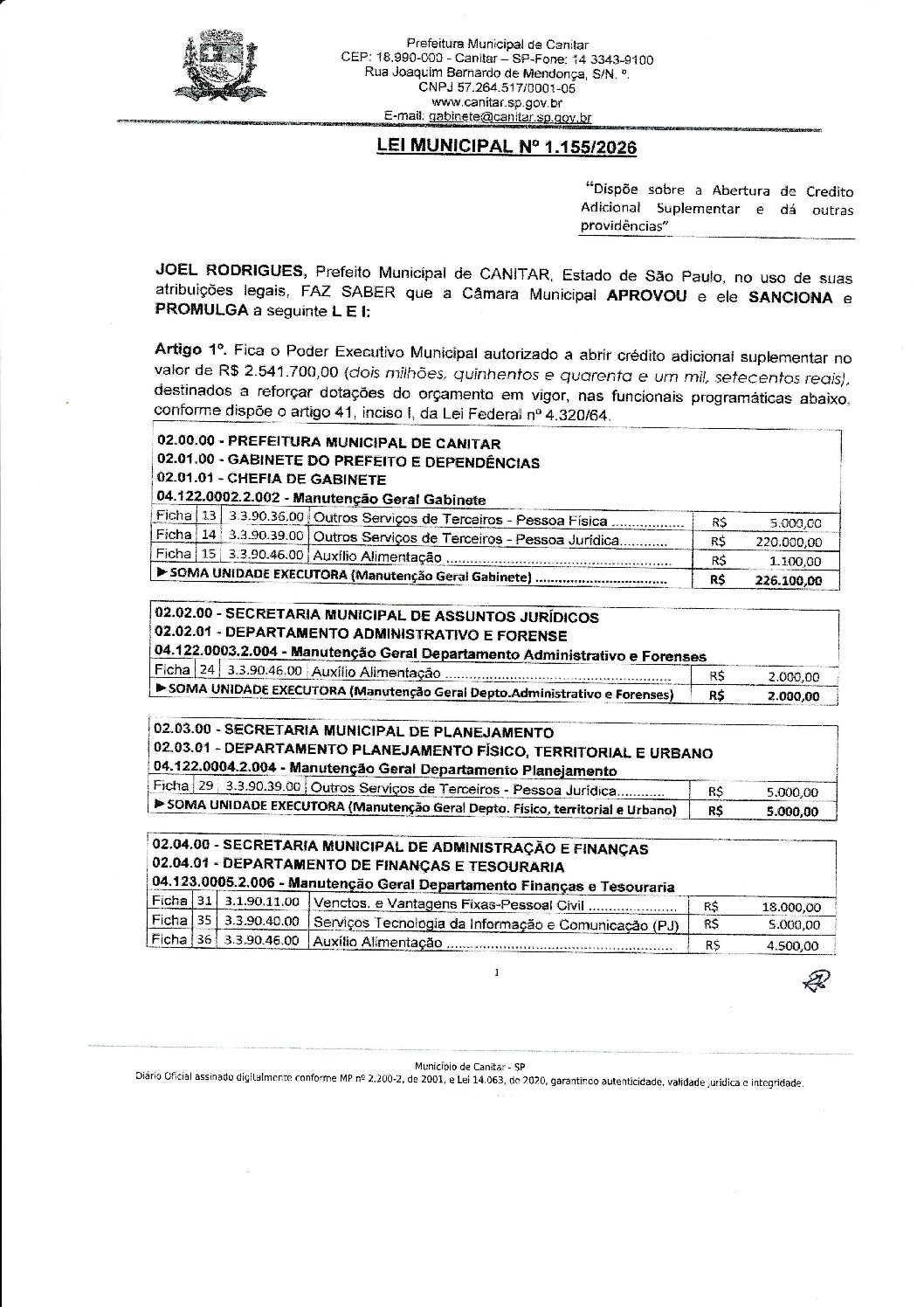 Leia mais sobre o artigo Lei Municipal nº 1155 2026   Dispõe sobre abertura de crédito suplementar no valor de R$ 2.541.700,00